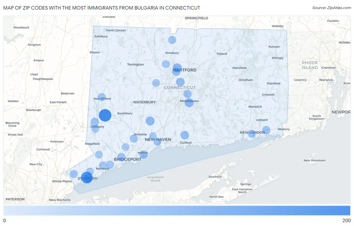 Zip Codes with the Most Immigrants from Bulgaria in Connecticut Map