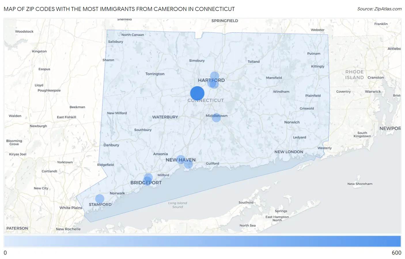 Zip Codes with the Most Immigrants from Cameroon in Connecticut Map
