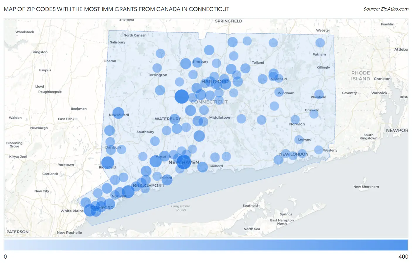 Zip Codes with the Most Immigrants from Canada in Connecticut Map
