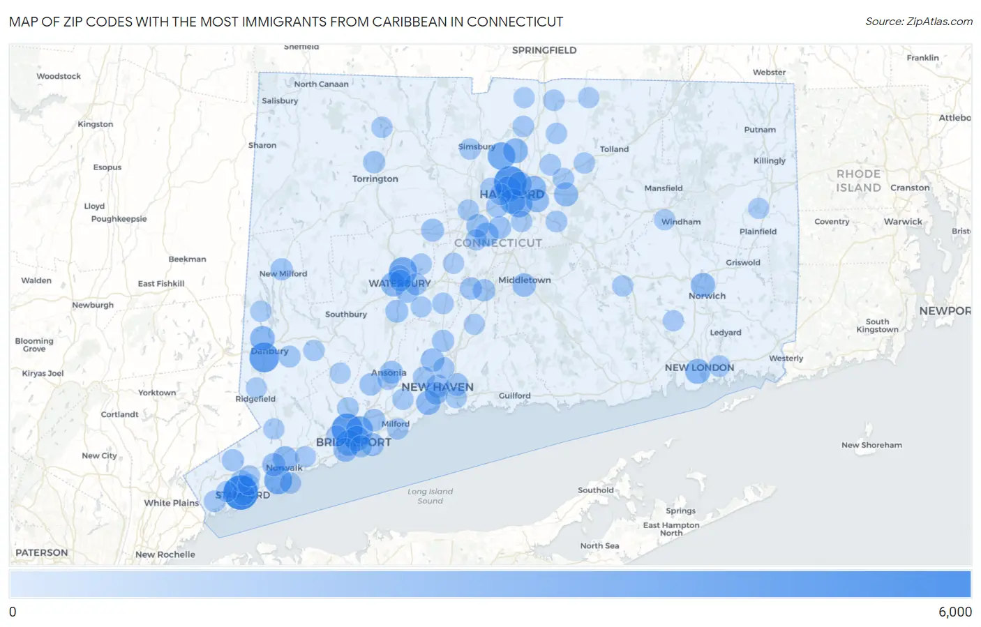 Zip Codes with the Most Immigrants from Caribbean in Connecticut Map