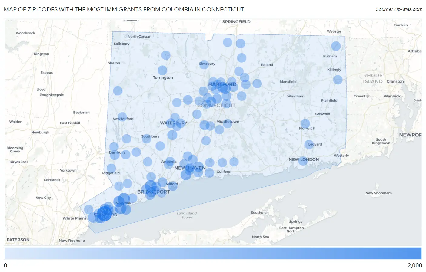 Zip Codes with the Most Immigrants from Colombia in Connecticut Map