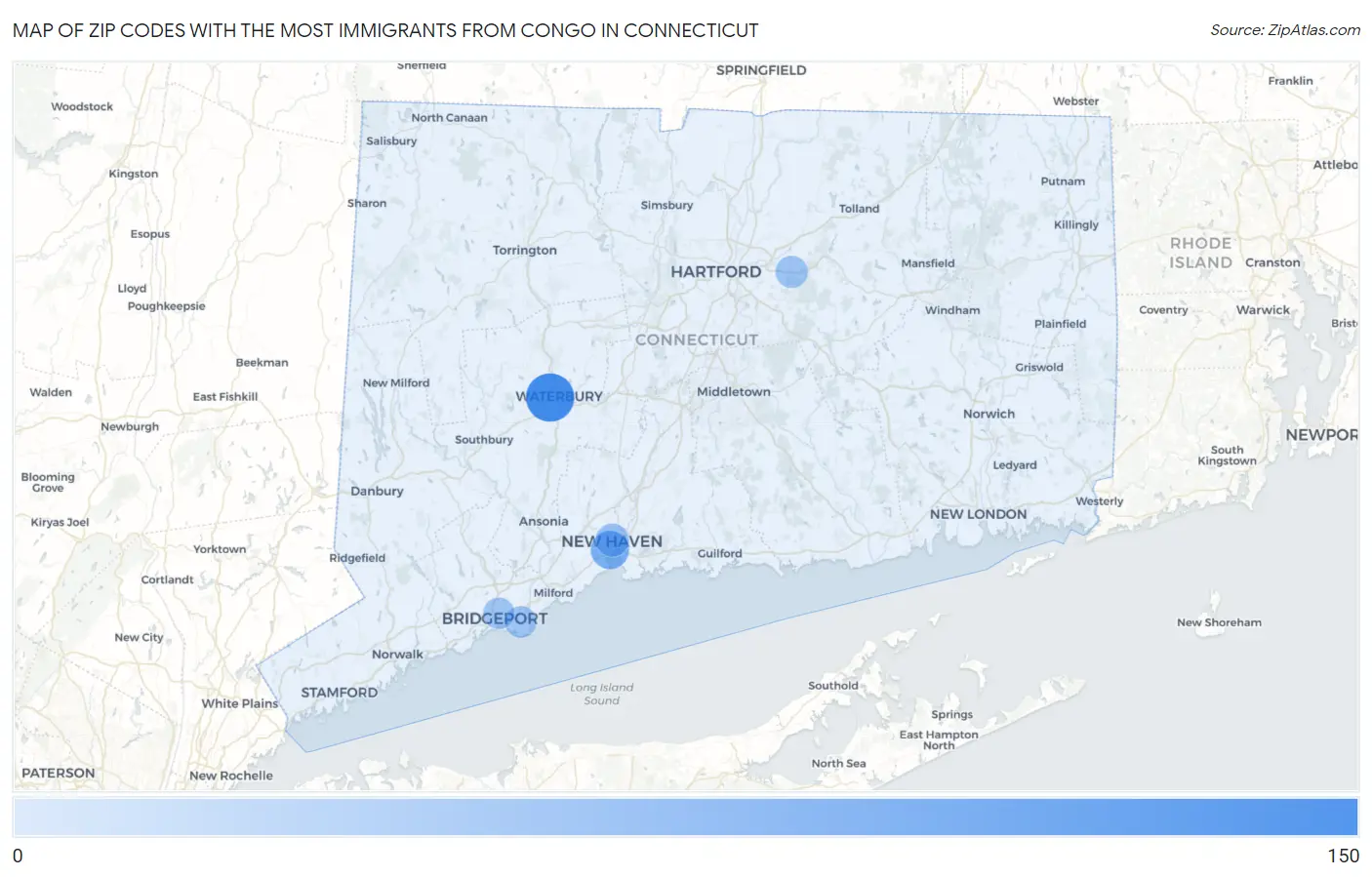 Zip Codes with the Most Immigrants from Congo in Connecticut Map