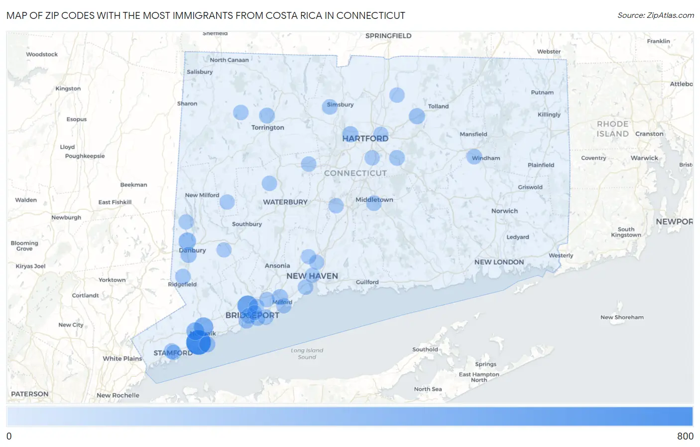 Zip Codes with the Most Immigrants from Costa Rica in Connecticut Map