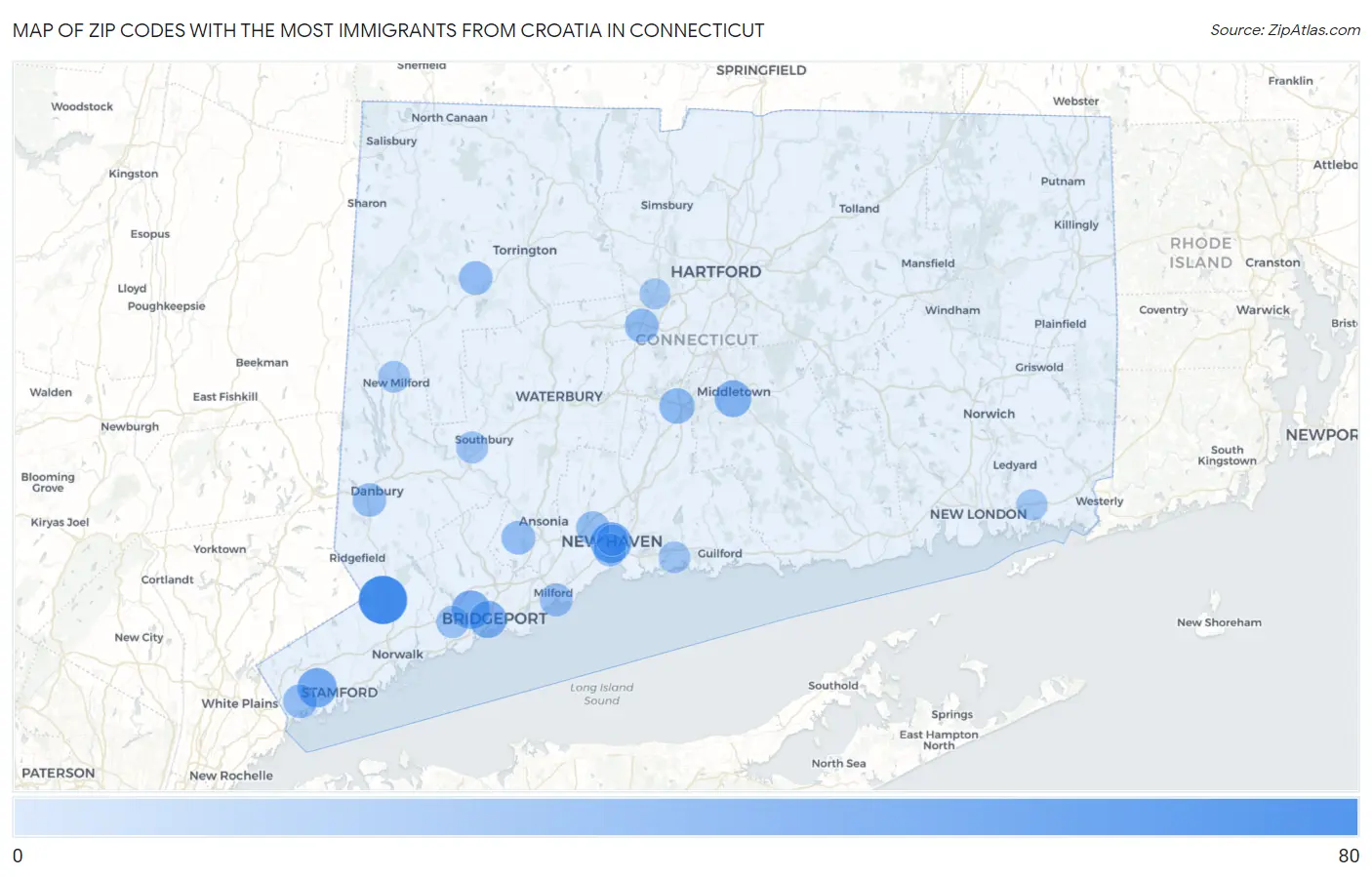 Zip Codes with the Most Immigrants from Croatia in Connecticut Map