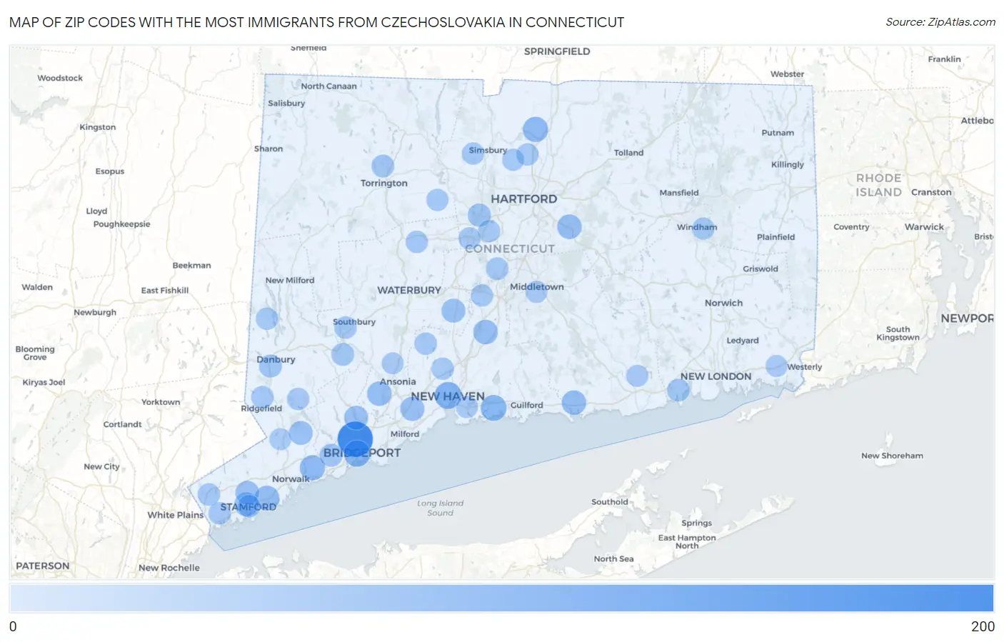 Zip Codes with the Most Immigrants from Czechoslovakia in Connecticut Map