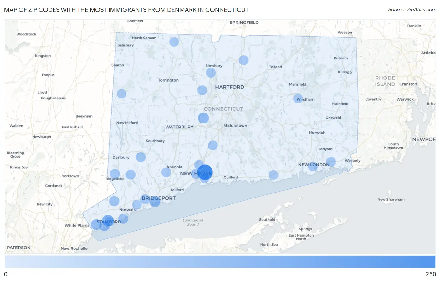 Zip Codes with the Most Immigrants from Denmark in Connecticut Map