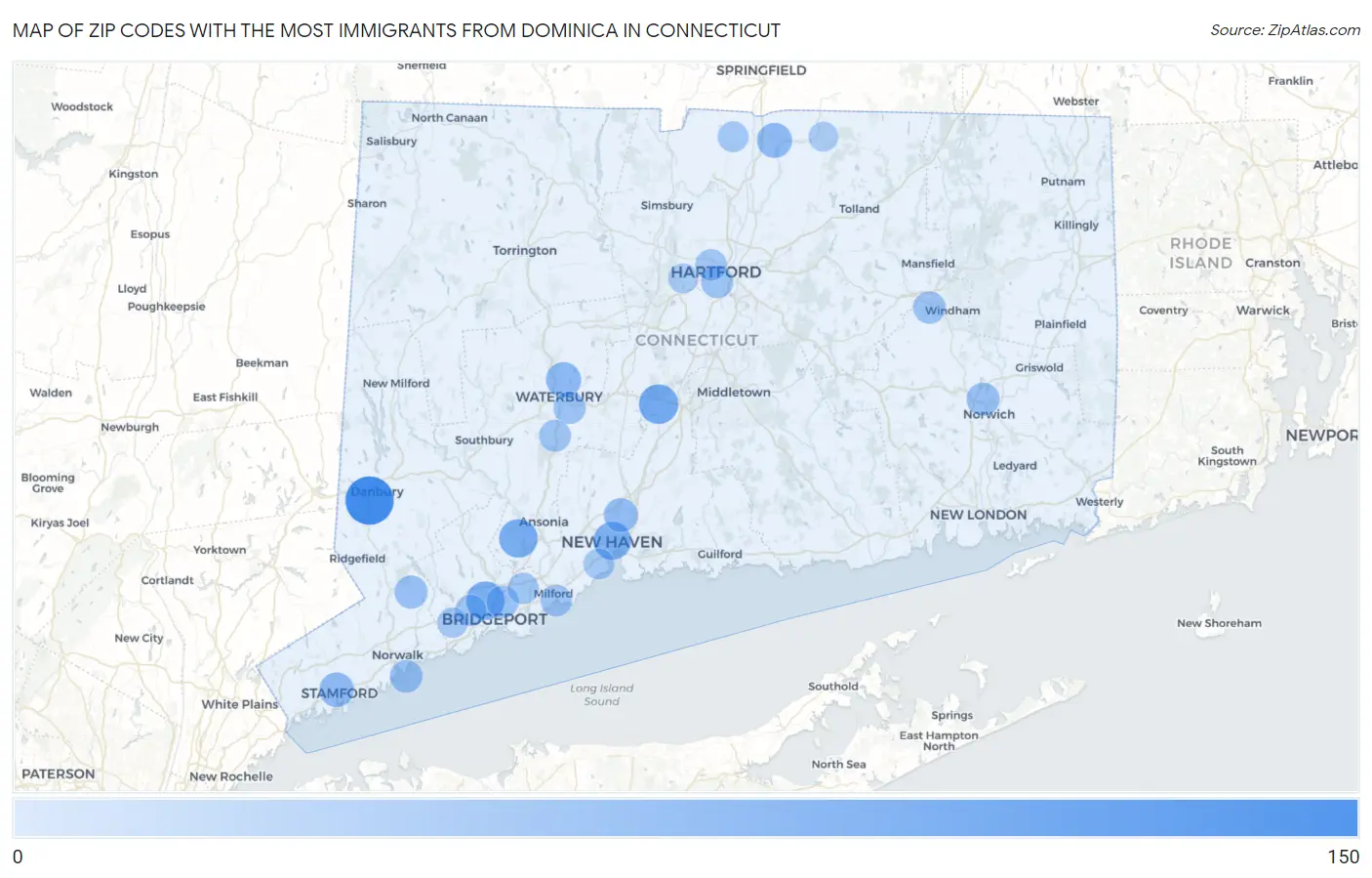 Zip Codes with the Most Immigrants from Dominica in Connecticut Map