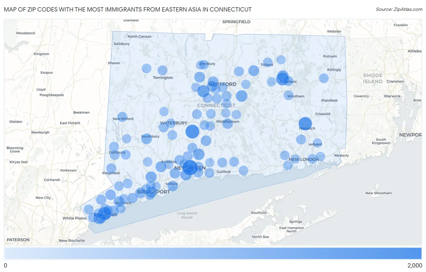 Zip Codes with the Most Immigrants from Eastern Asia in Connecticut Map