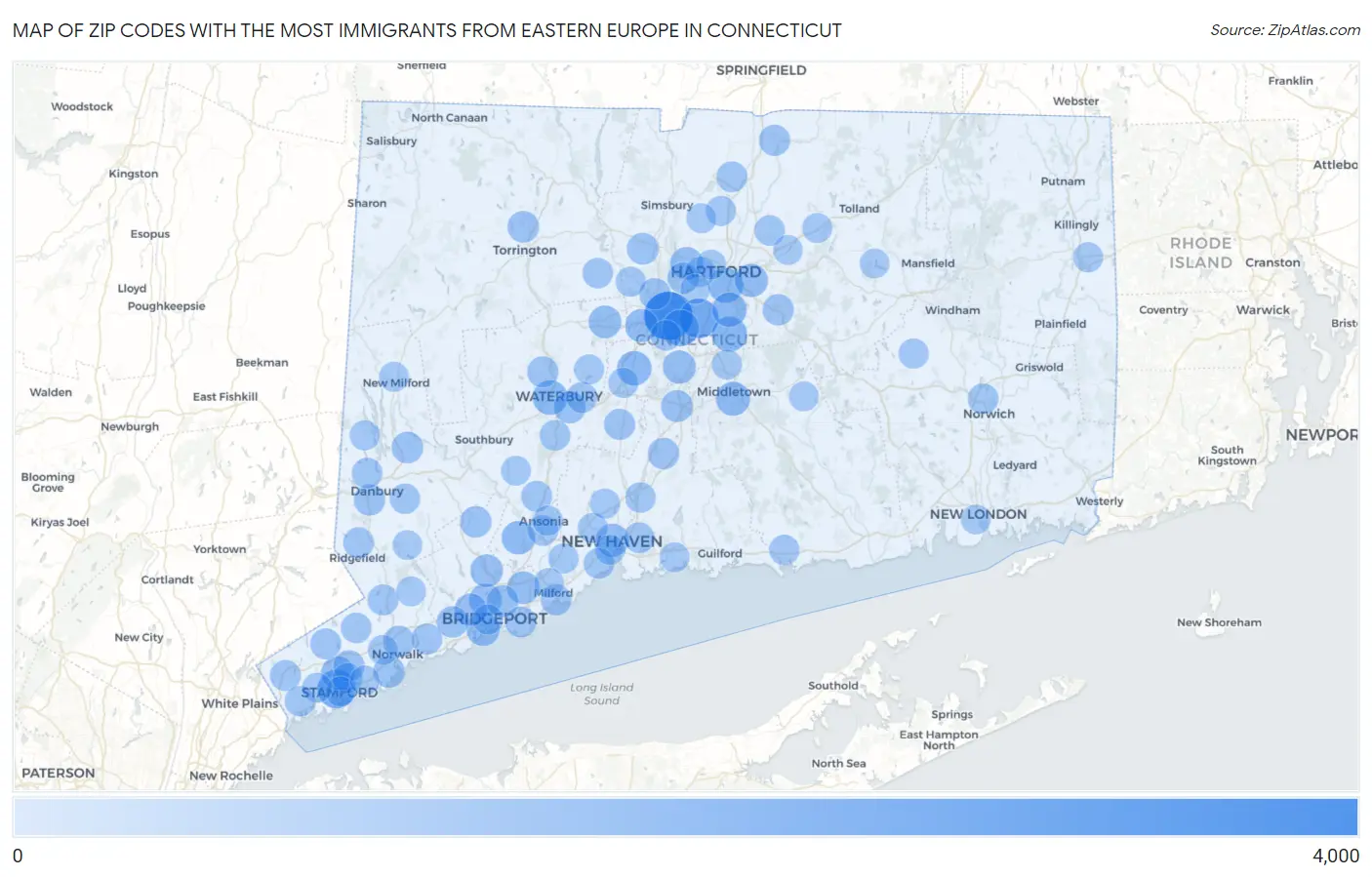 Zip Codes with the Most Immigrants from Eastern Europe in Connecticut Map