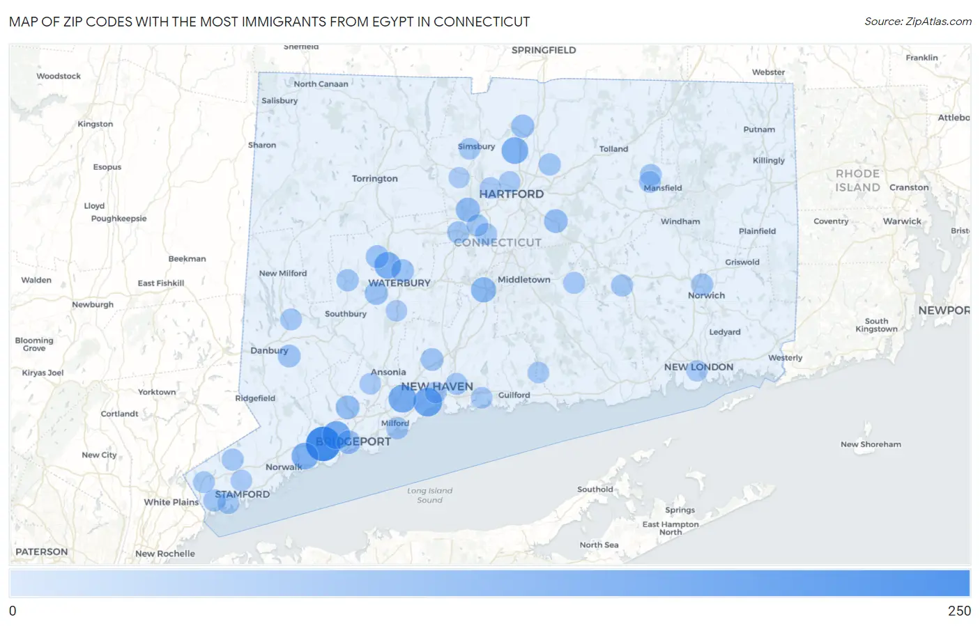 Zip Codes with the Most Immigrants from Egypt in Connecticut Map
