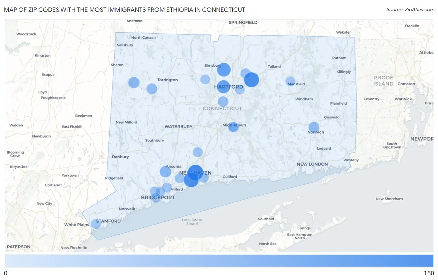 Zip Codes with the Most Immigrants from Ethiopia in Connecticut Map