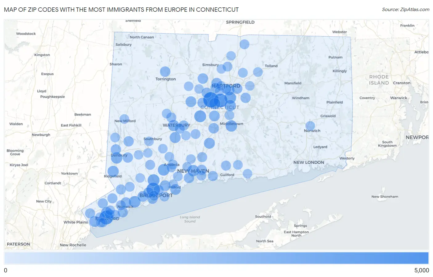 Zip Codes with the Most Immigrants from Europe in Connecticut Map
