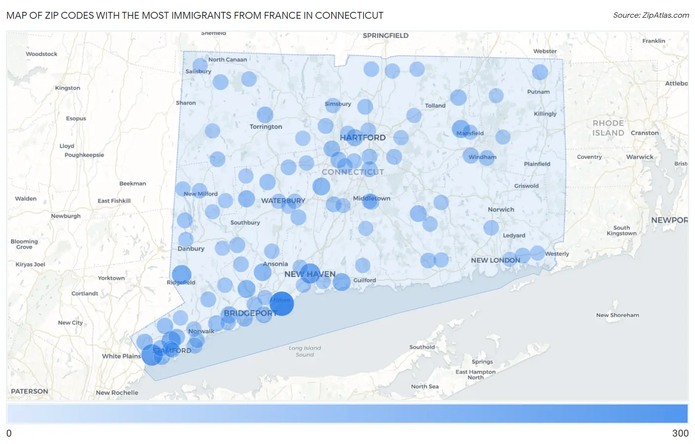 Zip Codes with the Most Immigrants from France in Connecticut Map