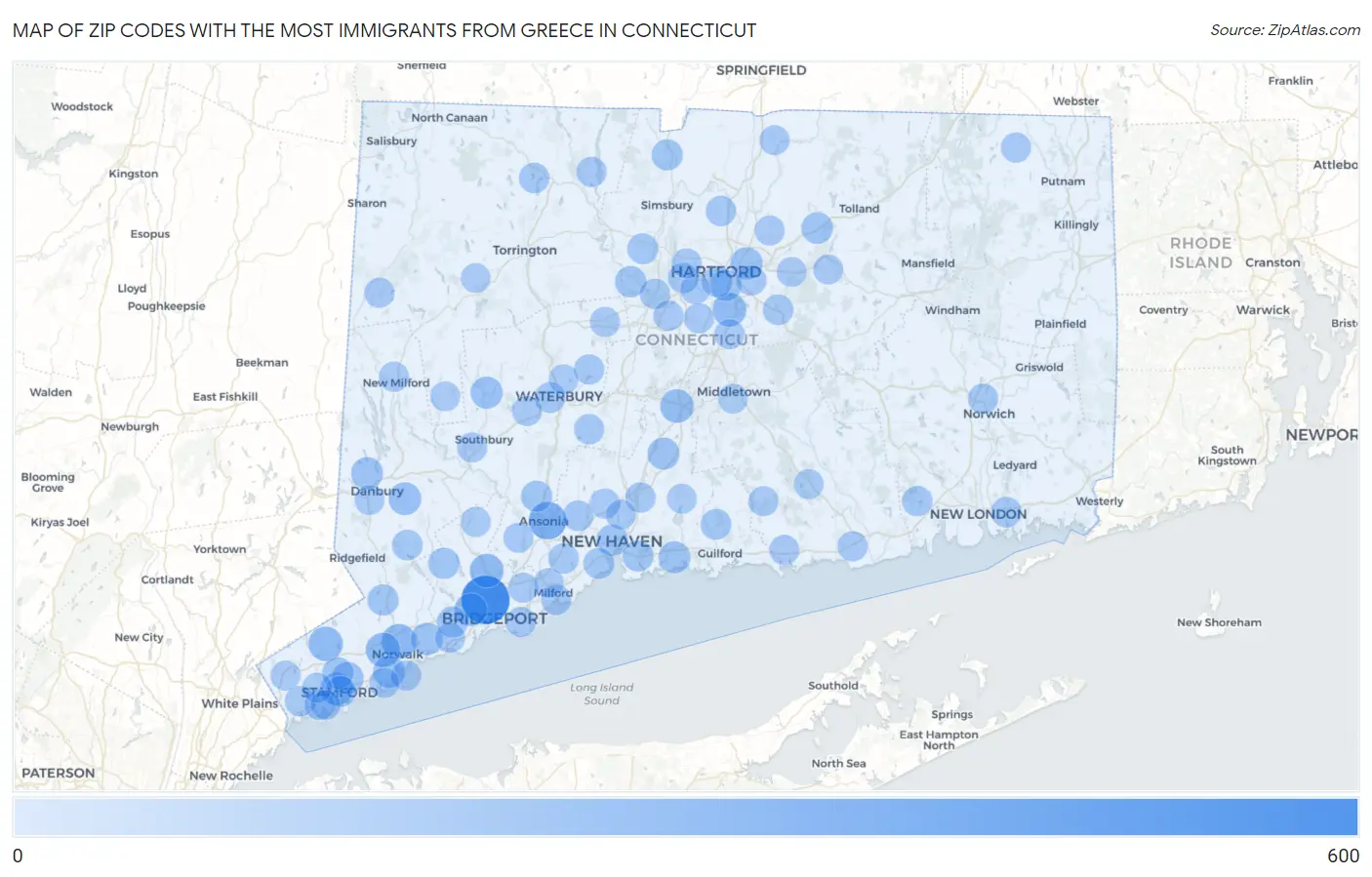 Zip Codes with the Most Immigrants from Greece in Connecticut Map
