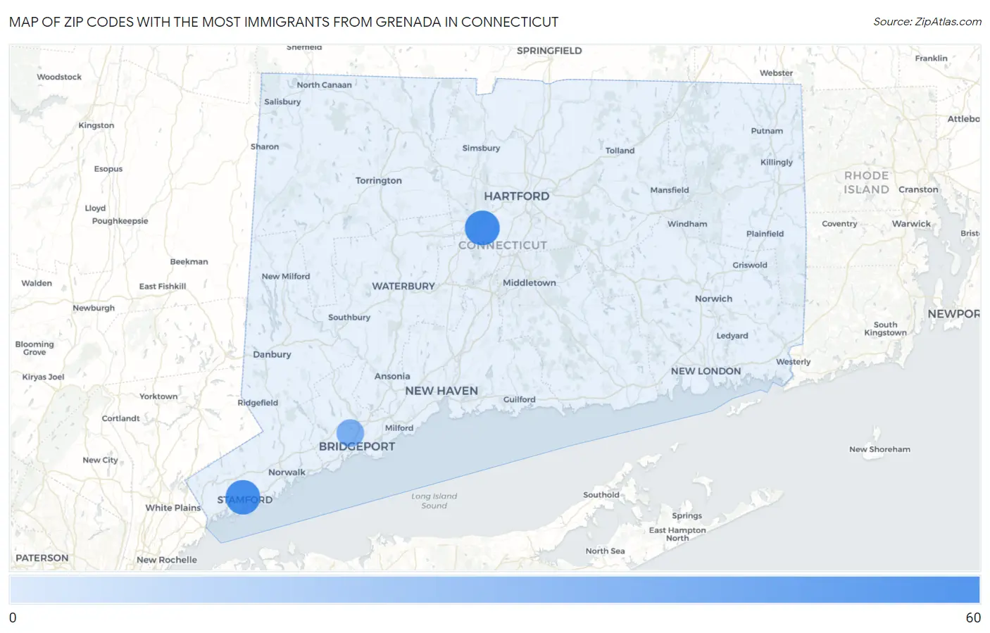 Zip Codes with the Most Immigrants from Grenada in Connecticut Map