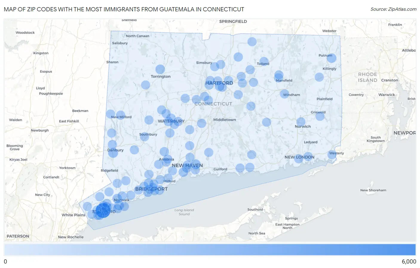 Zip Codes with the Most Immigrants from Guatemala in Connecticut Map