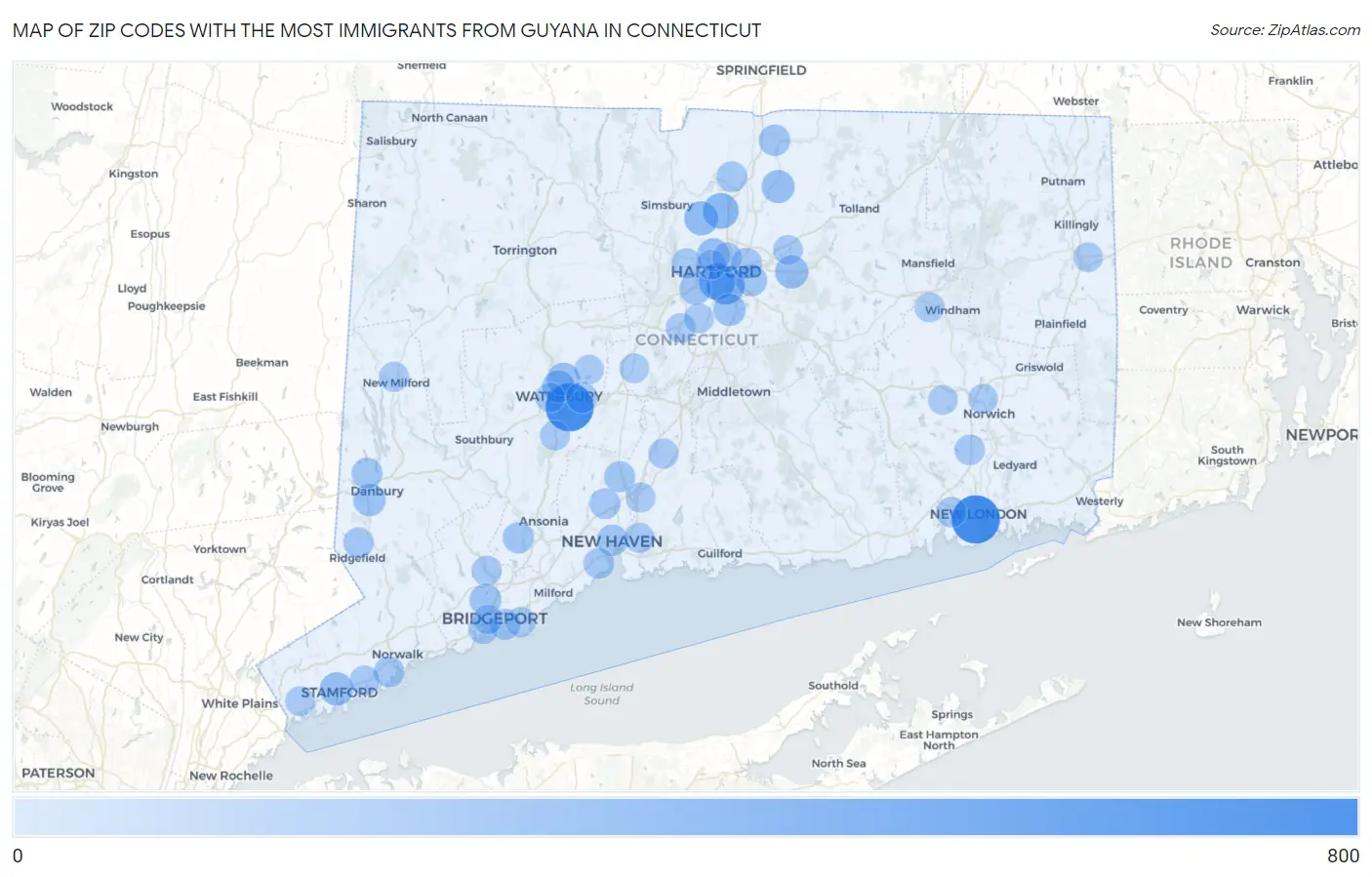Zip Codes with the Most Immigrants from Guyana in Connecticut Map