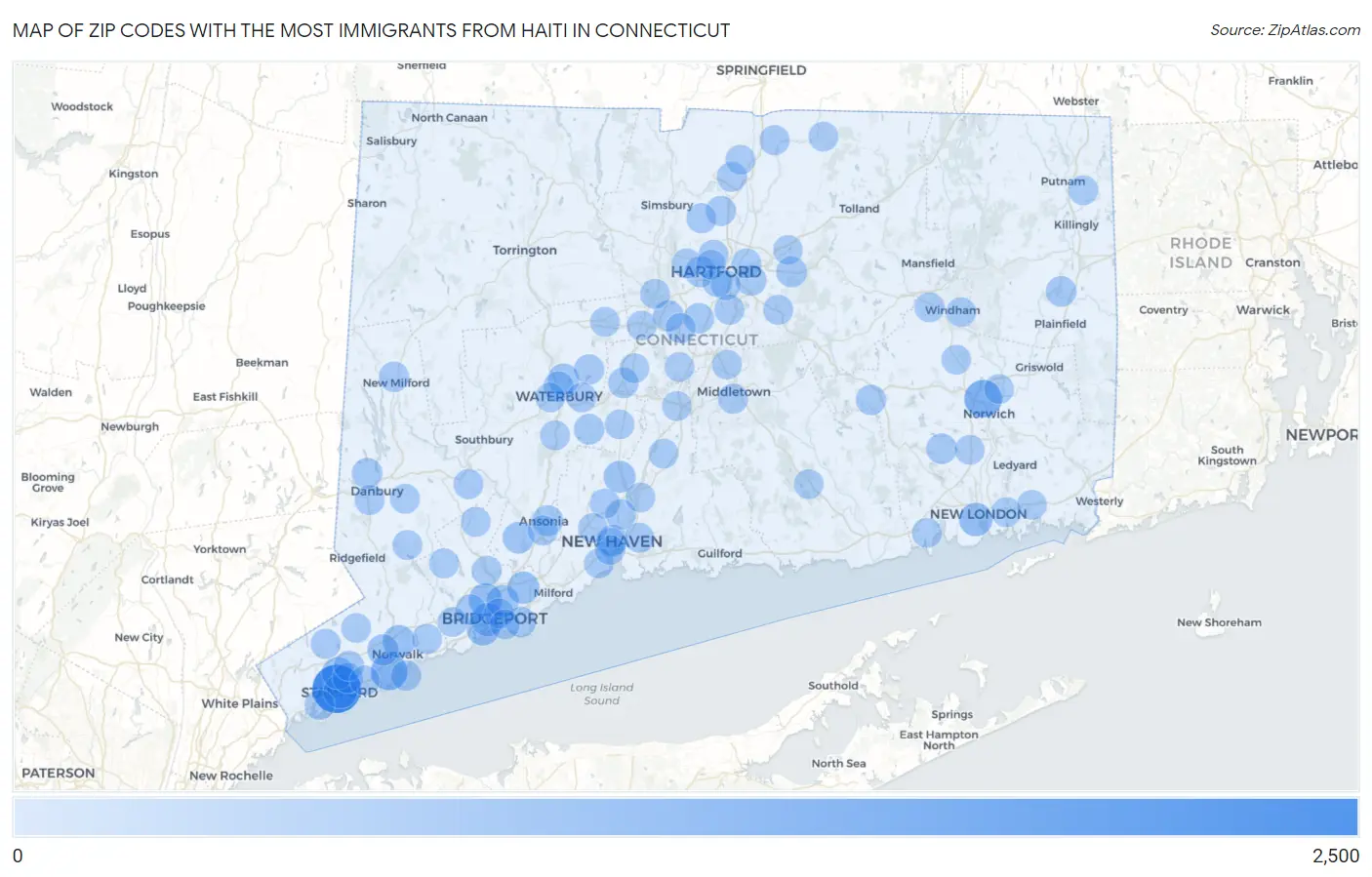 Zip Codes with the Most Immigrants from Haiti in Connecticut Map