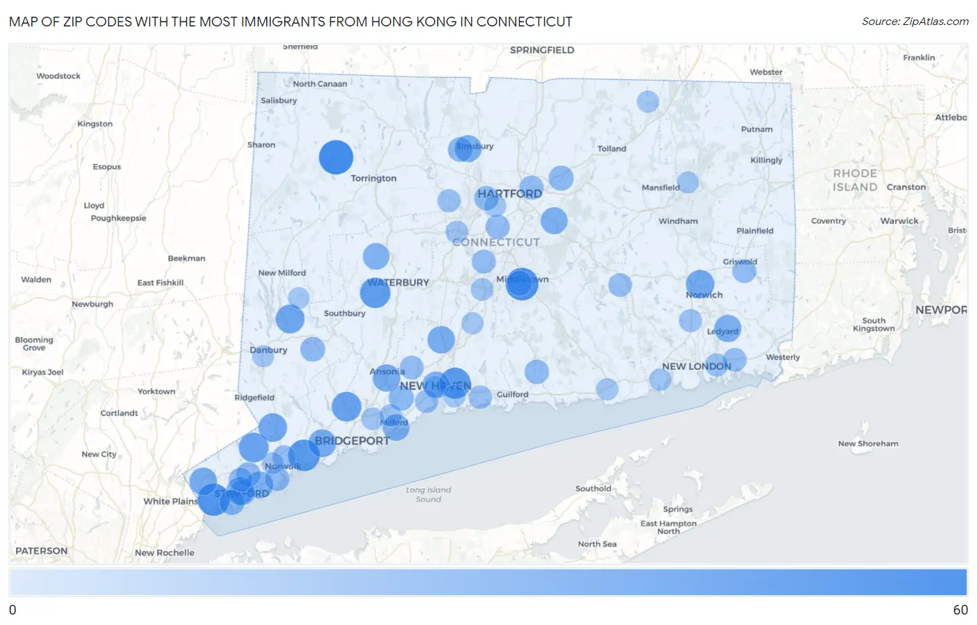 Zip Codes with the Most Immigrants from Hong Kong in Connecticut Map