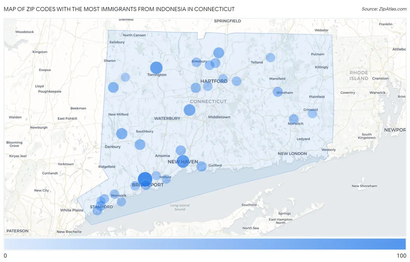Zip Codes with the Most Immigrants from Indonesia in Connecticut Map