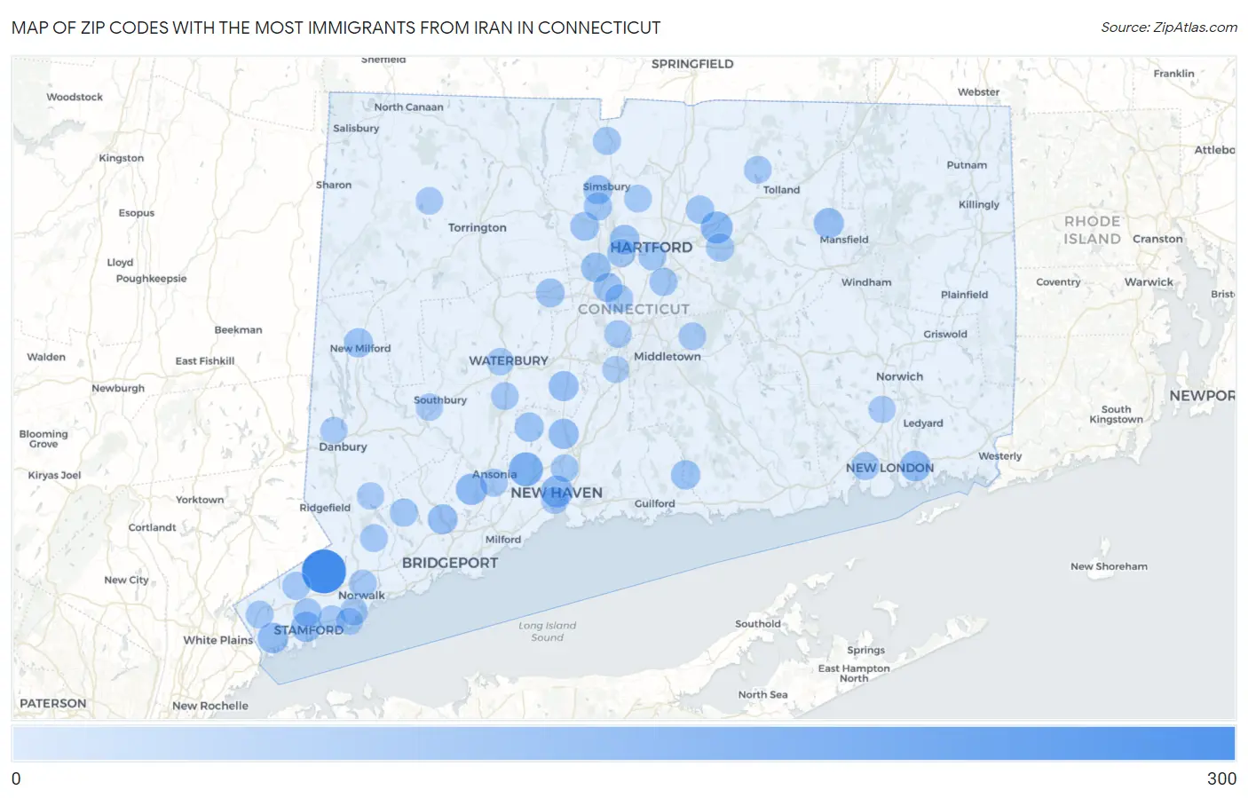 Zip Codes with the Most Immigrants from Iran in Connecticut Map