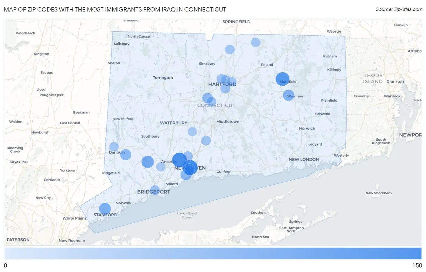 Zip Codes with the Most Immigrants from Iraq in Connecticut Map