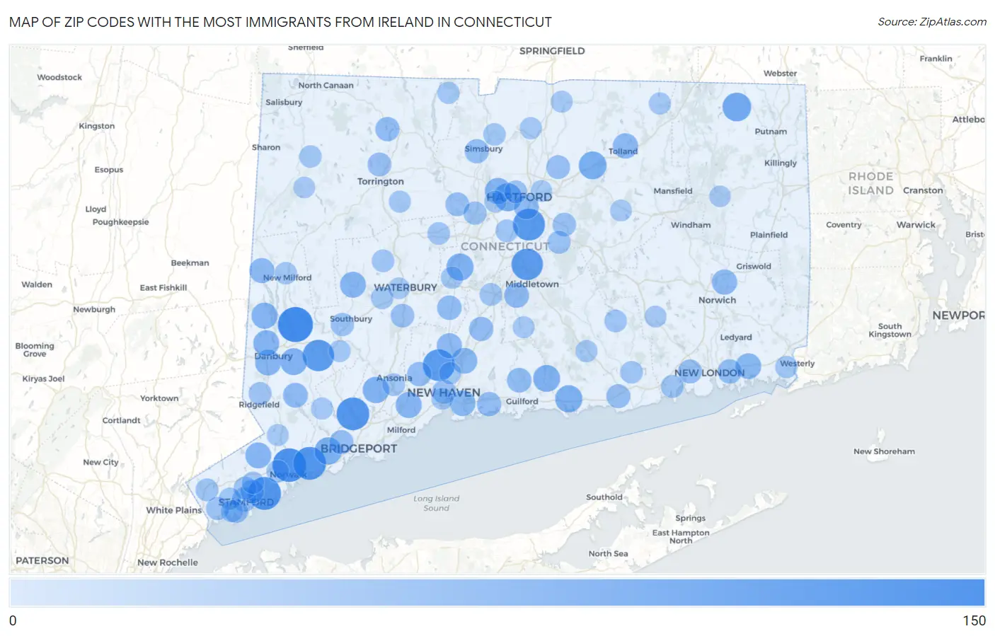 Zip Codes with the Most Immigrants from Ireland in Connecticut Map
