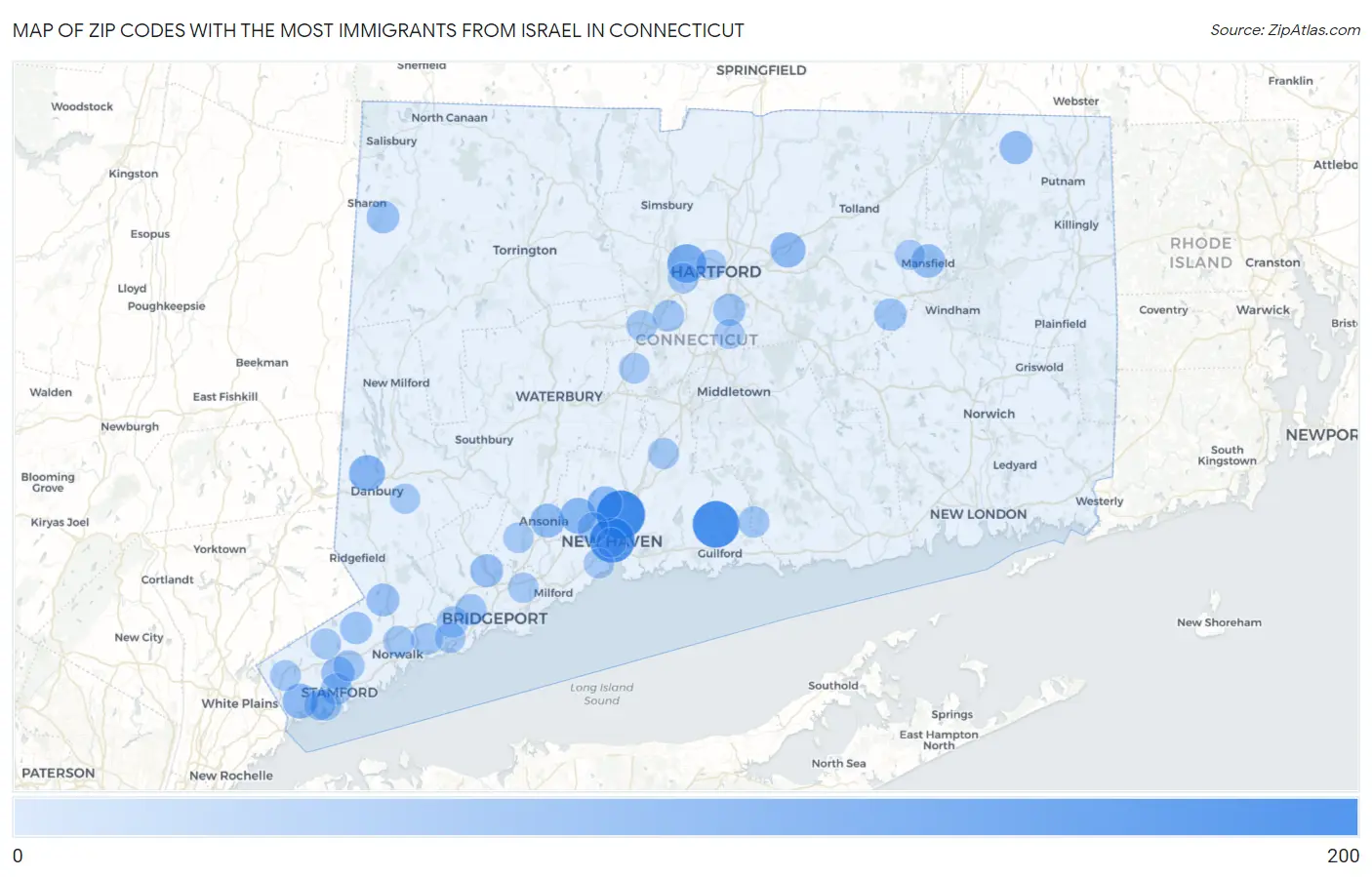 Zip Codes with the Most Immigrants from Israel in Connecticut Map