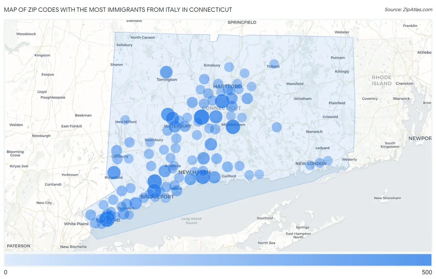 Zip Codes with the Most Immigrants from Italy in Connecticut Map