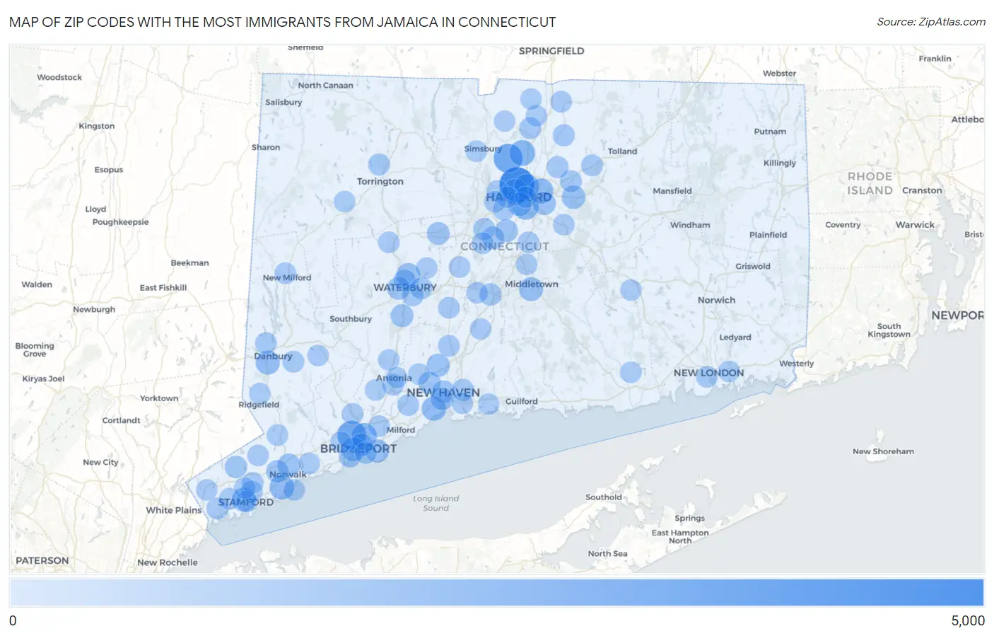 Zip Codes with the Most Immigrants from Jamaica in Connecticut Map
