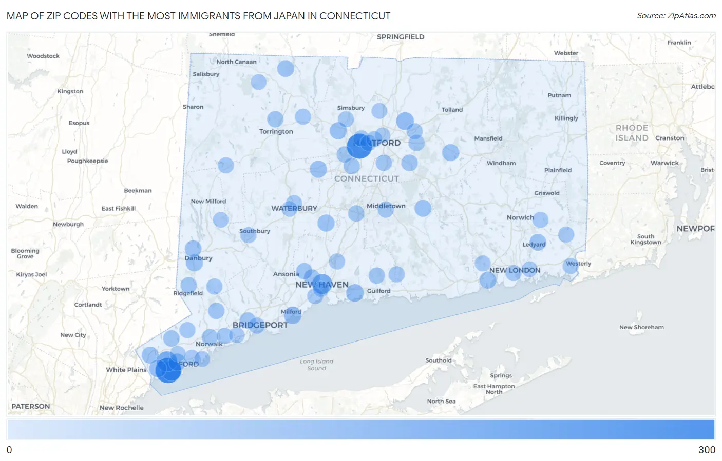Zip Codes with the Most Immigrants from Japan in Connecticut Map
