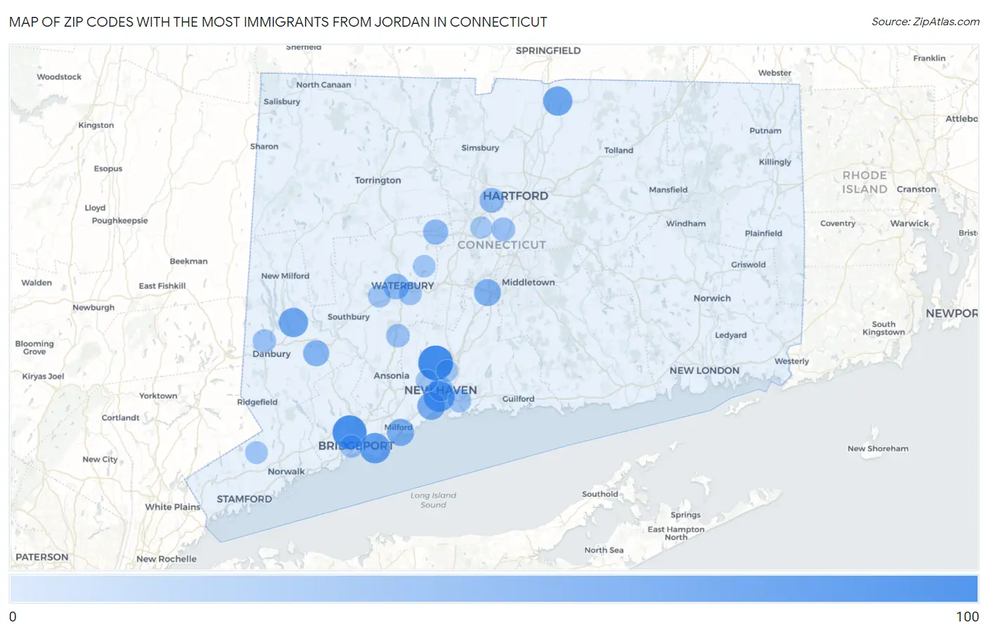 Zip Codes with the Most Immigrants from Jordan in Connecticut Map