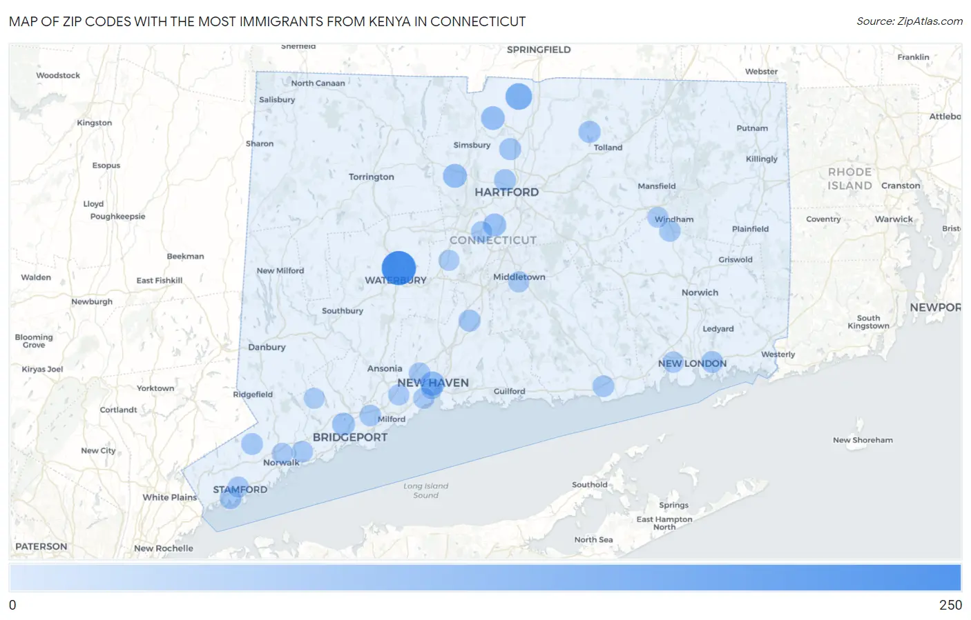 Zip Codes with the Most Immigrants from Kenya in Connecticut Map