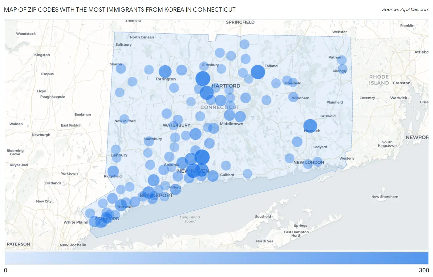 Zip Codes with the Most Immigrants from Korea in Connecticut Map