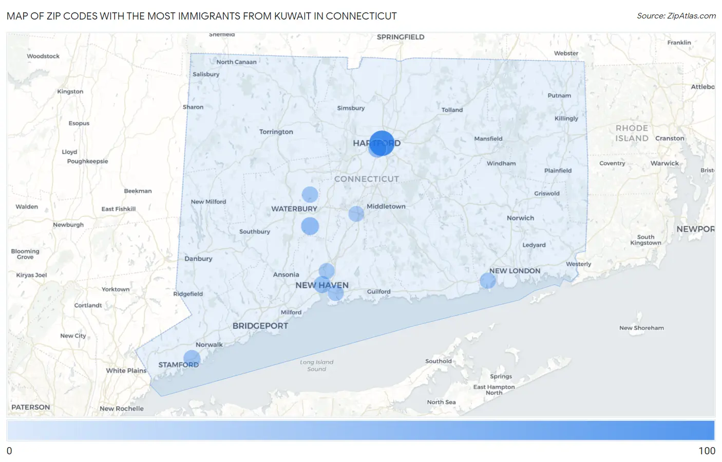 Zip Codes with the Most Immigrants from Kuwait in Connecticut Map