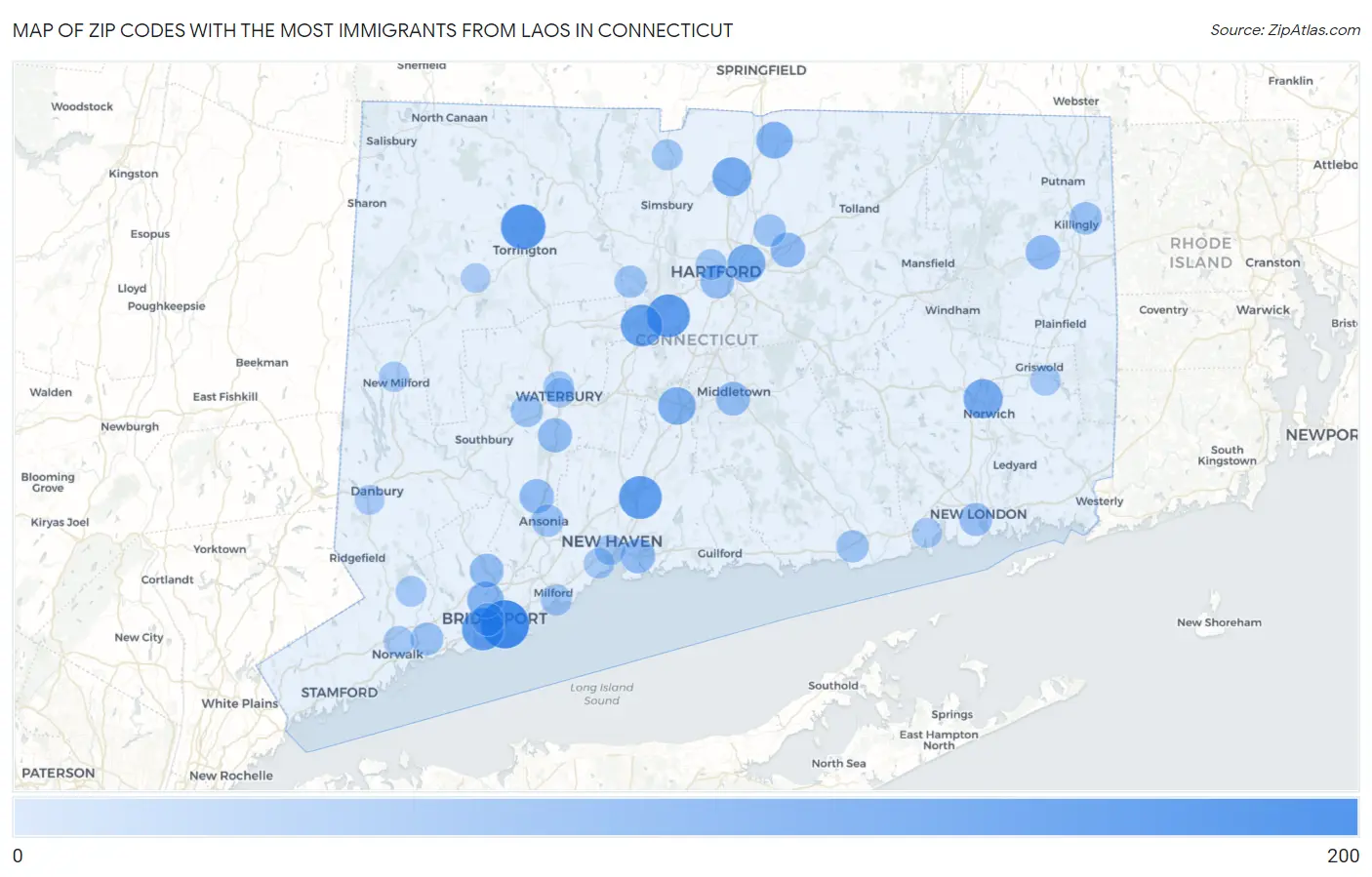 Zip Codes with the Most Immigrants from Laos in Connecticut Map