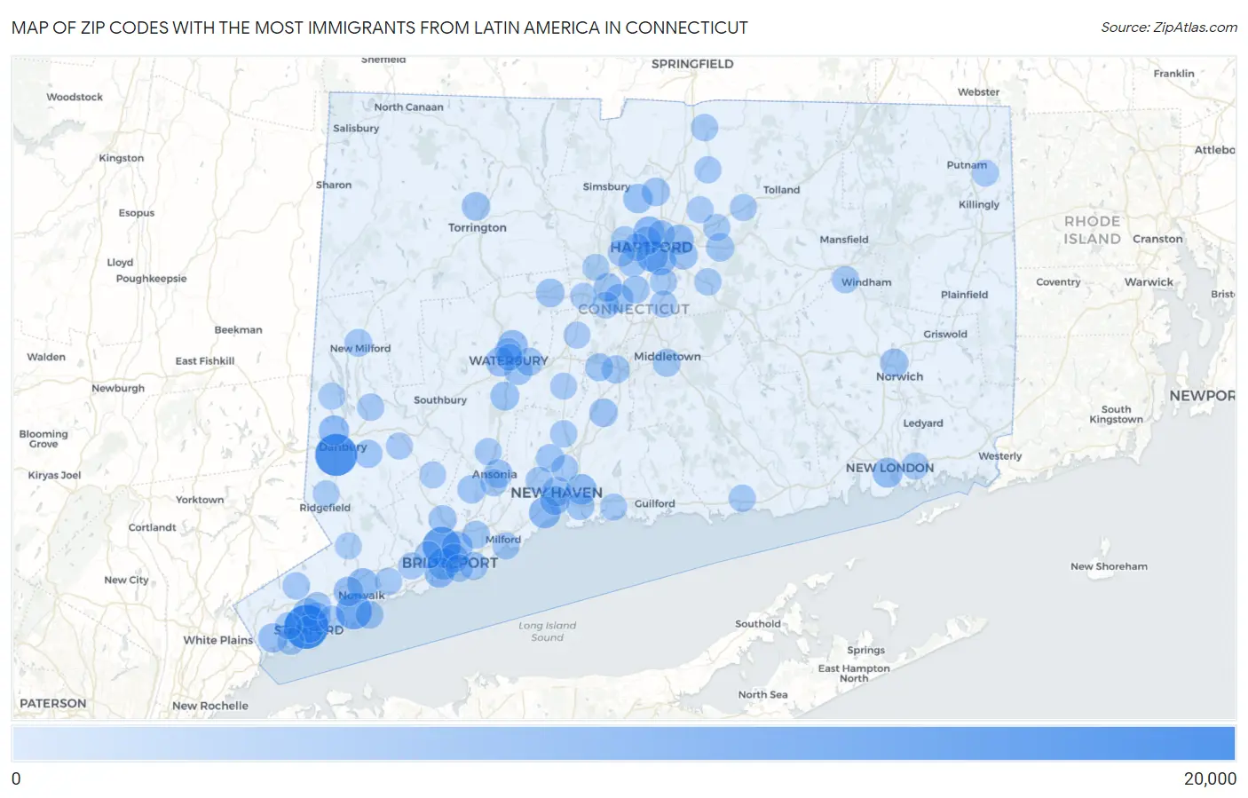 Zip Codes with the Most Immigrants from Latin America in Connecticut Map