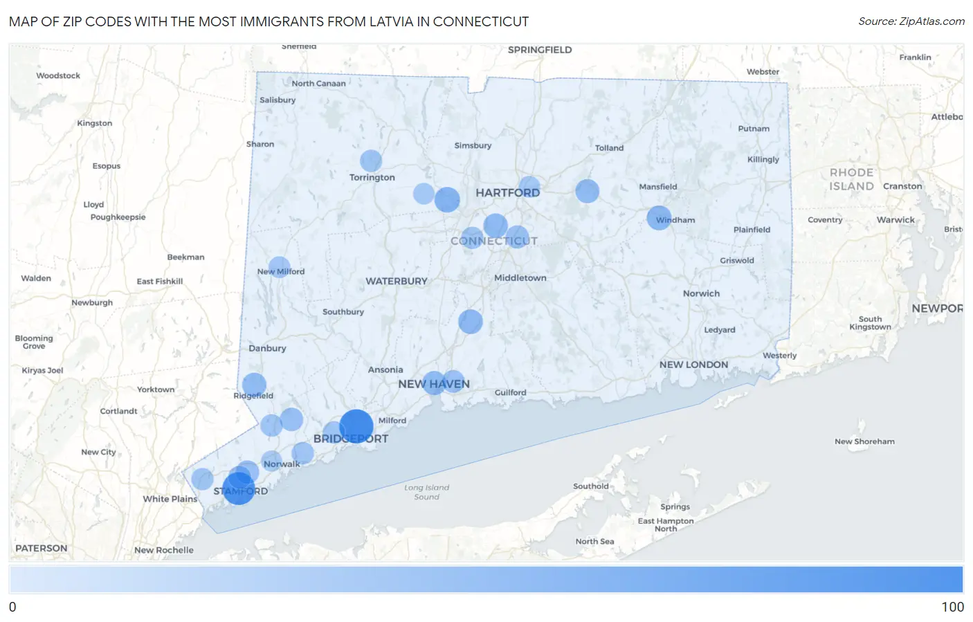Zip Codes with the Most Immigrants from Latvia in Connecticut Map