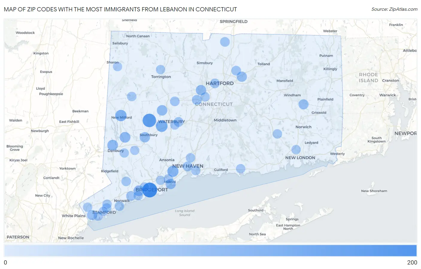 Zip Codes with the Most Immigrants from Lebanon in Connecticut Map