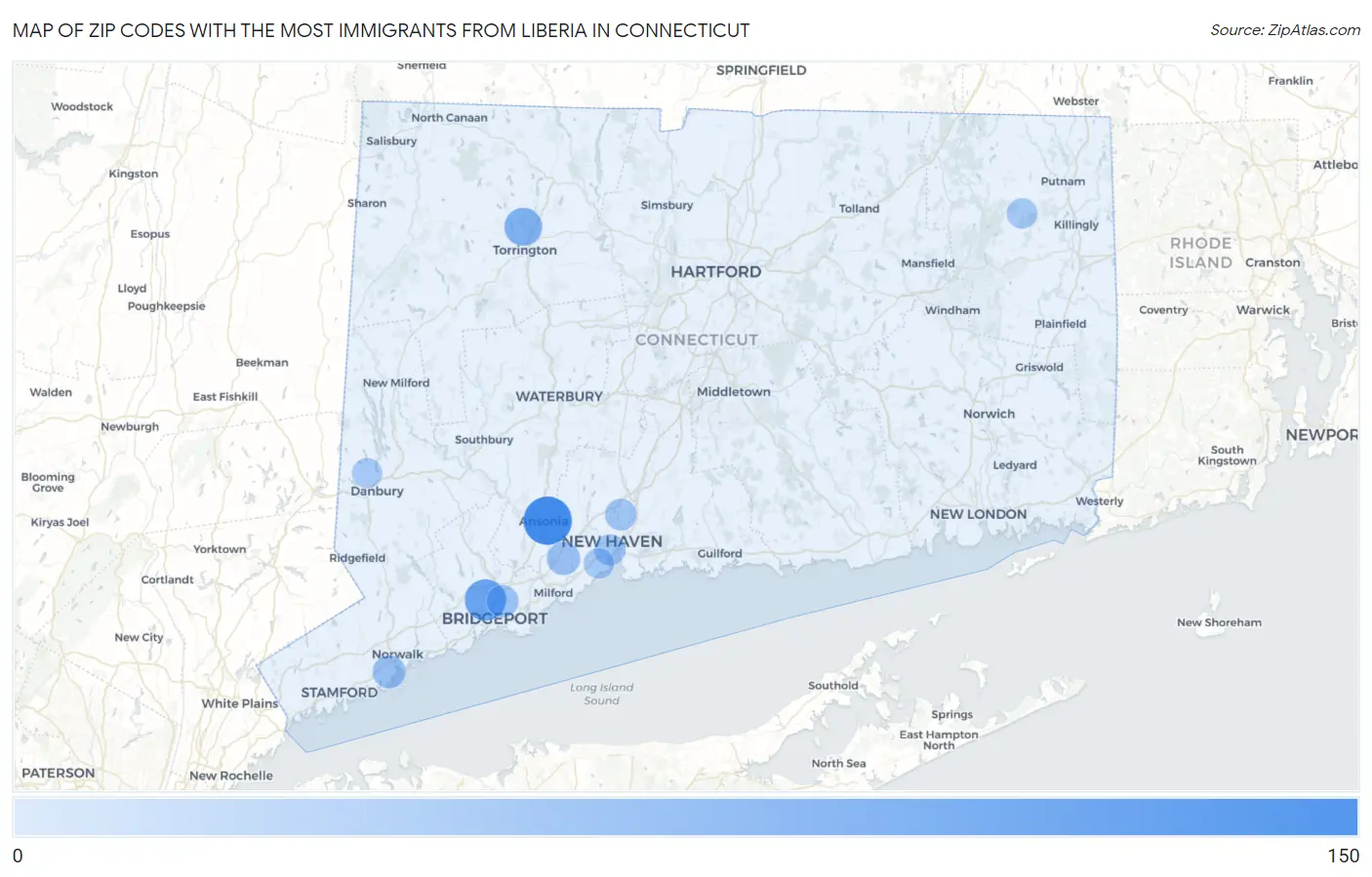 Zip Codes with the Most Immigrants from Liberia in Connecticut Map