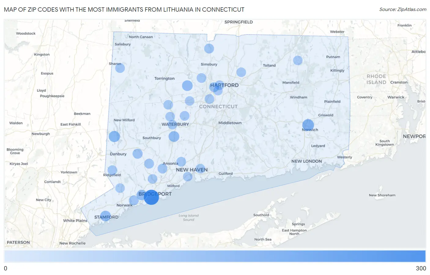 Zip Codes with the Most Immigrants from Lithuania in Connecticut Map