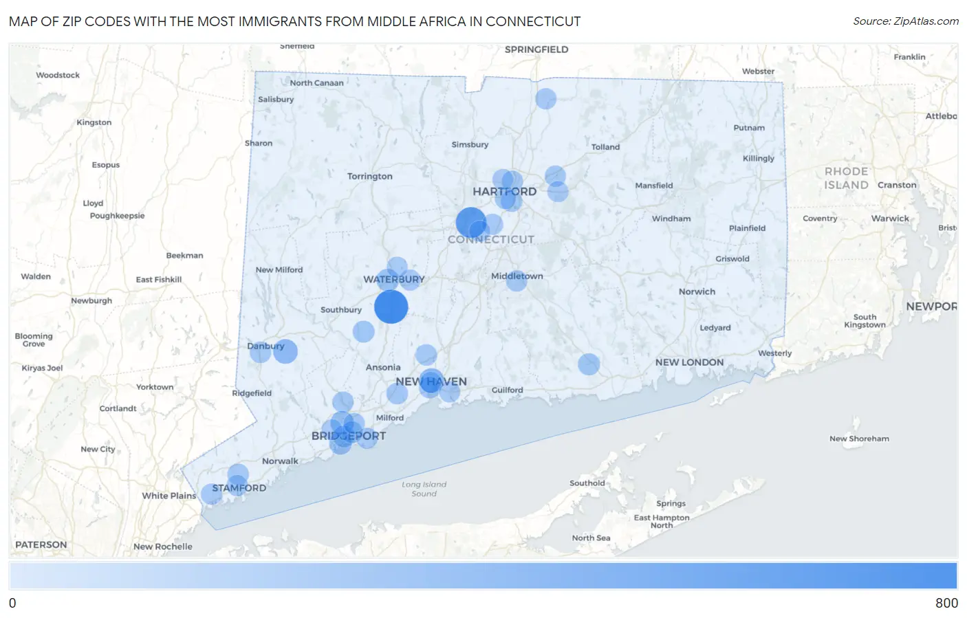 Zip Codes with the Most Immigrants from Middle Africa in Connecticut Map