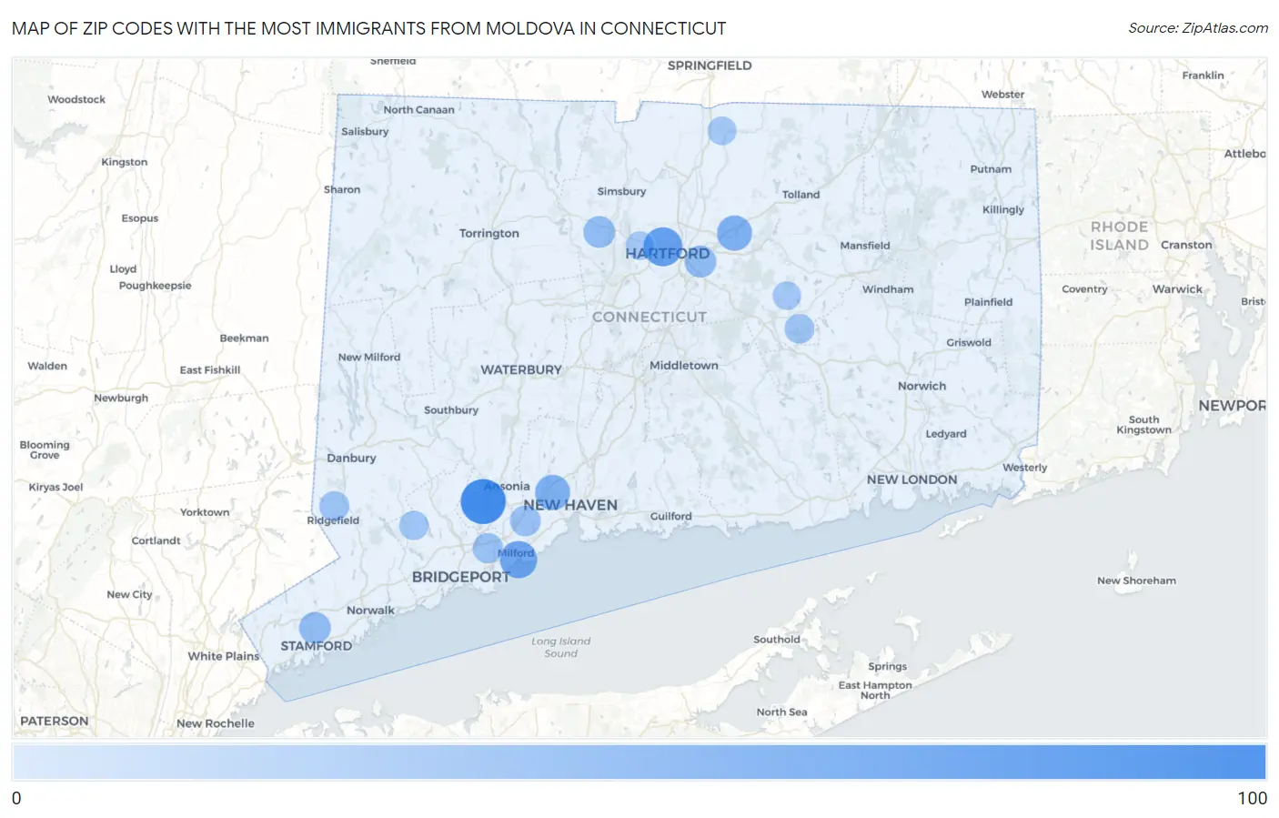 Zip Codes with the Most Immigrants from Moldova in Connecticut Map
