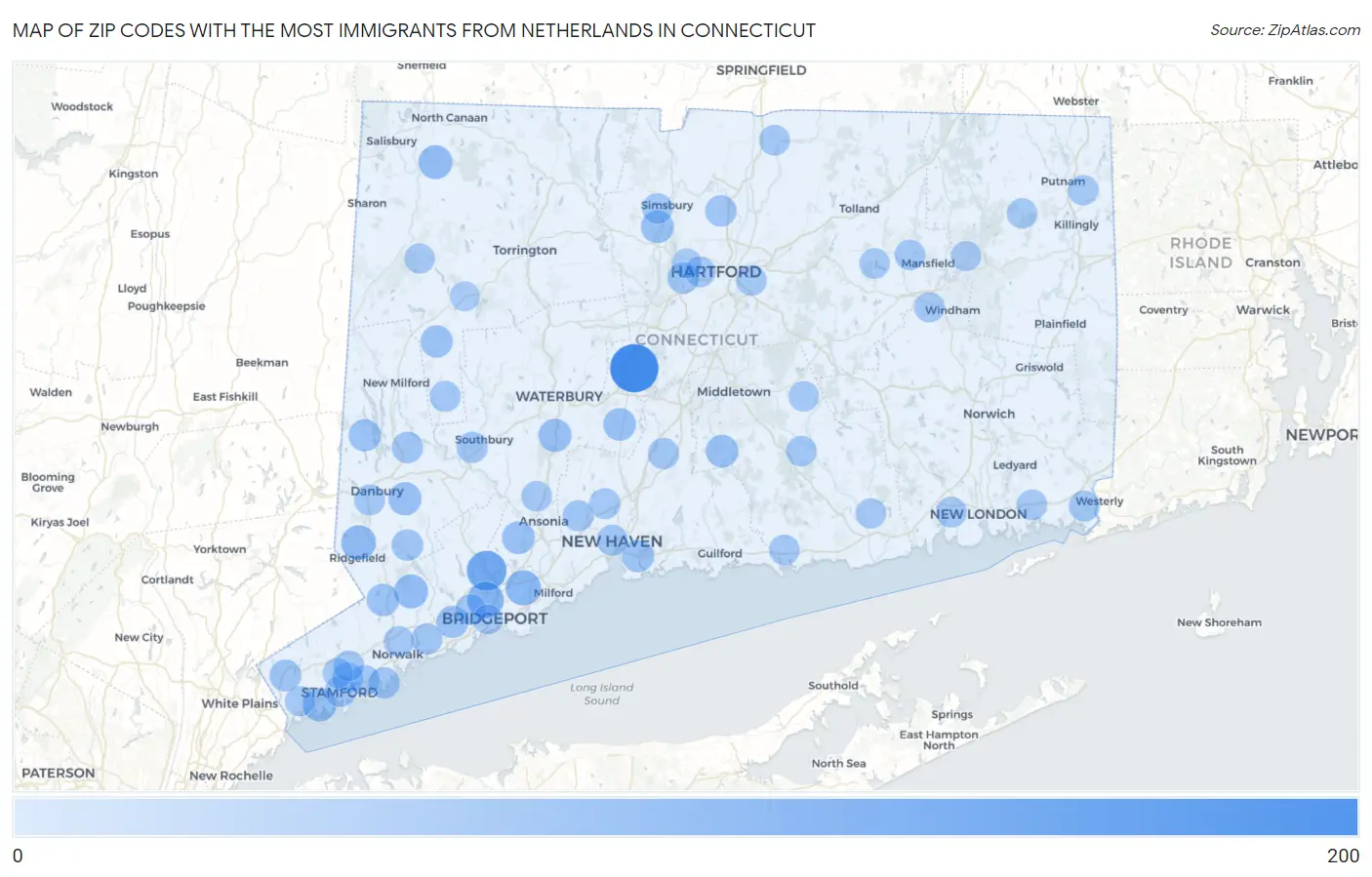 Zip Codes with the Most Immigrants from Netherlands in Connecticut Map
