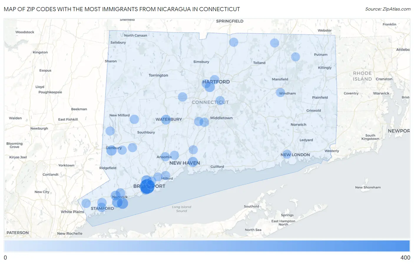 Zip Codes with the Most Immigrants from Nicaragua in Connecticut Map