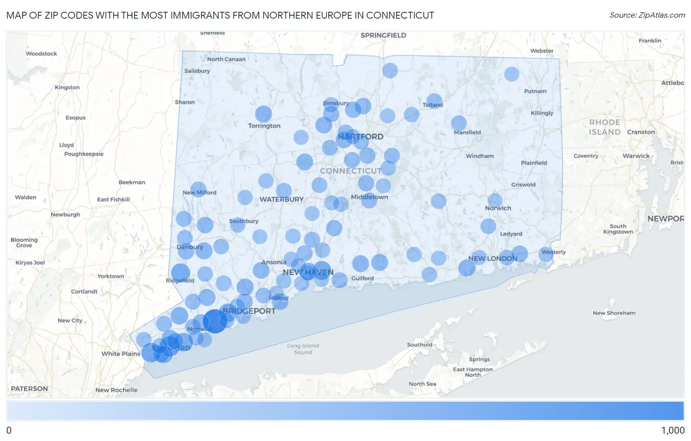 Zip Codes with the Most Immigrants from Northern Europe in Connecticut Map