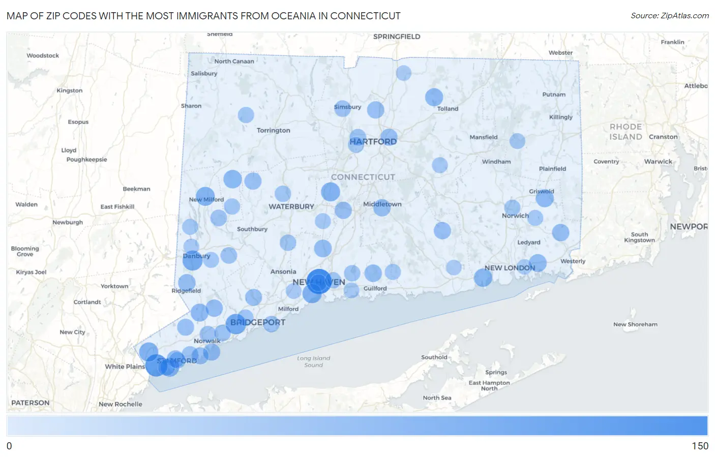 Zip Codes with the Most Immigrants from Oceania in Connecticut Map