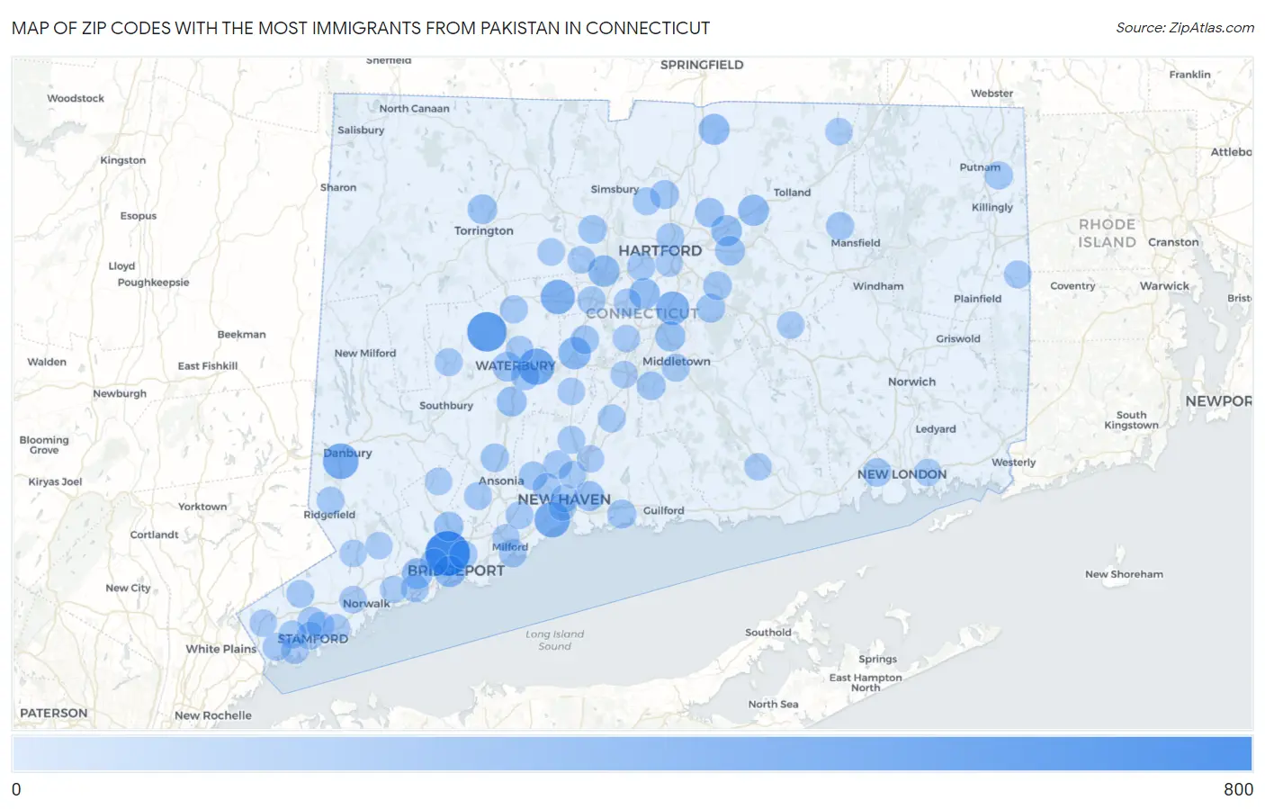 Zip Codes with the Most Immigrants from Pakistan in Connecticut Map