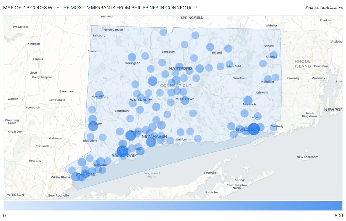 Zip Codes with the Most Immigrants from Philippines in Connecticut Map