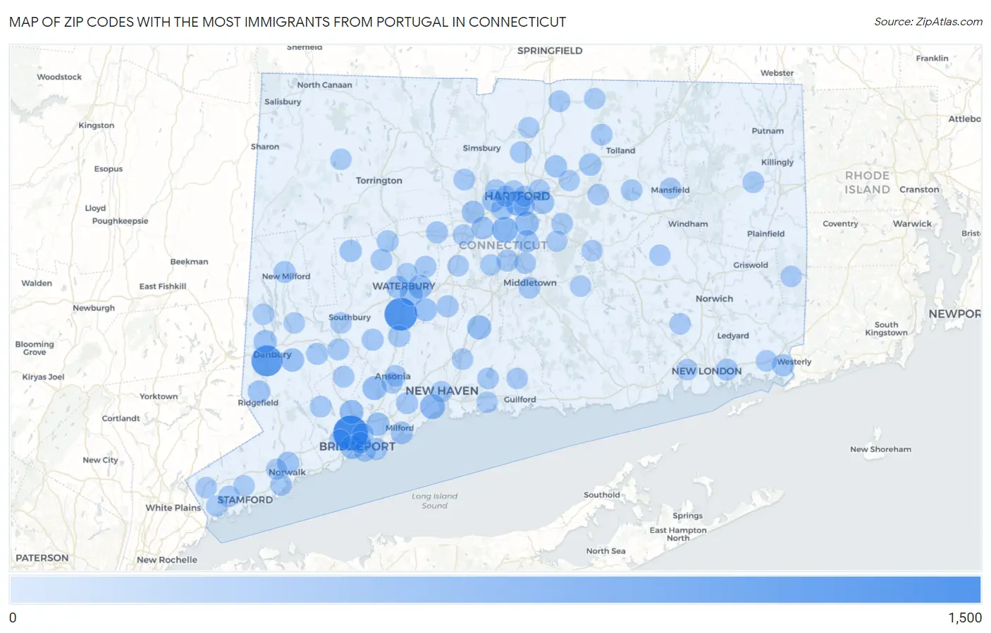 Zip Codes with the Most Immigrants from Portugal in Connecticut Map